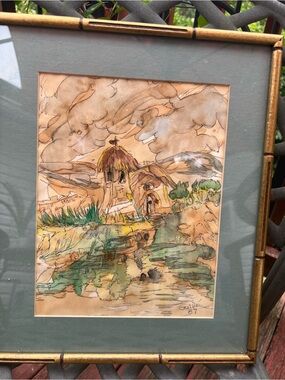 Watercolor Landscape Painting in Green and Brown by